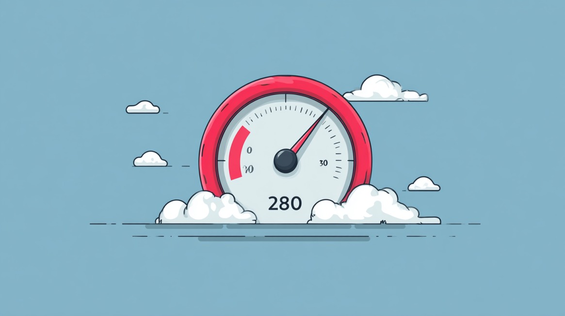 Ilustracija brzinomera koji prikazuje visoku brzinu internet veze među oblacima