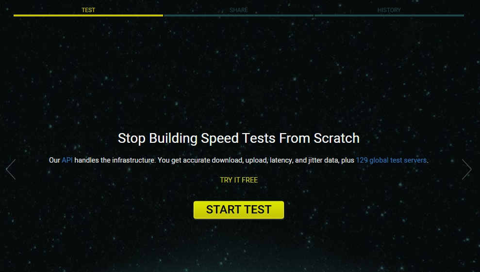 Početni ekran Speedof.me testa brzine sa dugmetom Start Test