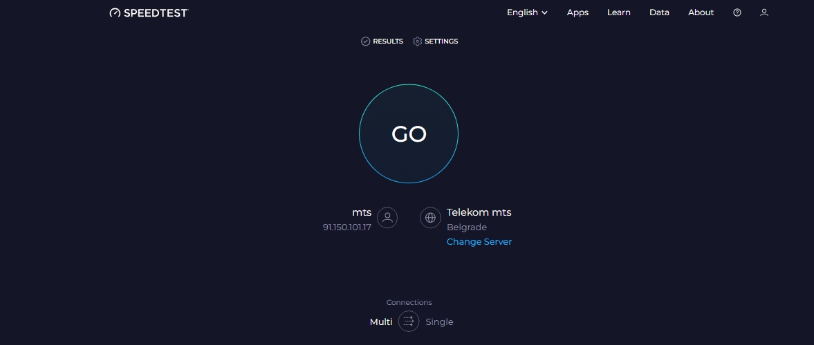 Početni ekran Speedtest by Ookla sa dugmetom GO