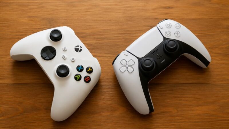 PS5 DualSense i Xbox kontroler na drvenoj podlozi