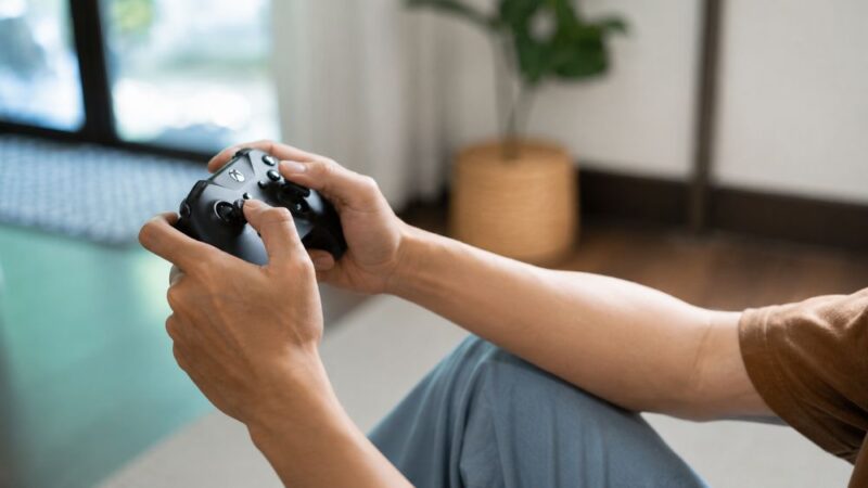 Igrač drži Xbox kontroler tokom gejming sesije kod kuće
